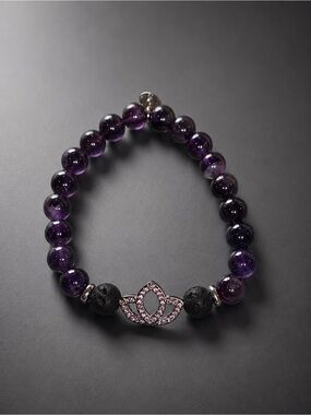 Purple‎ Amethyst Bead Stretch Bracelet with Silver Charm